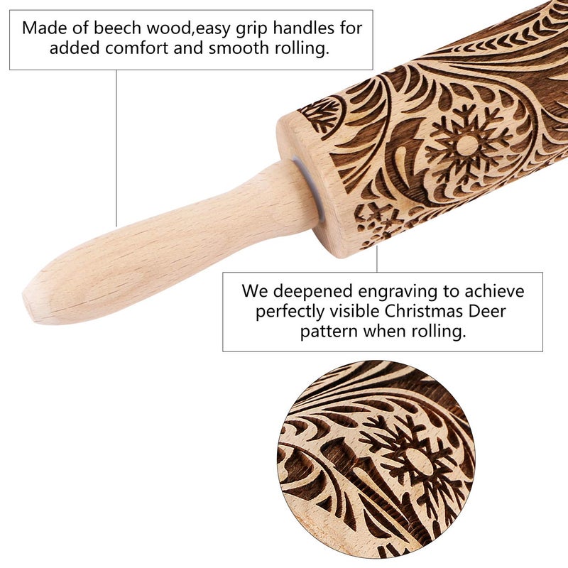 EVERMARKET Embossed Wooden Rolling Pin for Baking,Evermarket Deep Engraved Embossing Rolling Pin with Christmas Snowflake Flower Design for Baking Embossed Cookies,Cute Kitchen Decor DIY Tool for Adults - Image 3